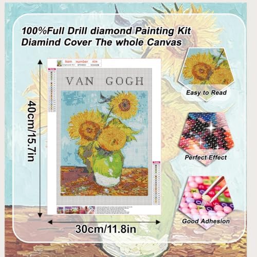 VeGuude Diamond Art Kits for Adults, Full Drill Van Gogh Sunflowers Diamond Painting Kits for Beginners, DIY Full Rhinestone 5D Diamond dots (Gemstone Craft), Home Wall Decoration (12x16 inch)