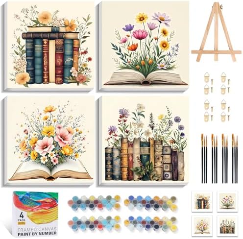 4 Pack Framed Paint by Numbers Kit for Adults with Wooden Easel, Book | With Frame Canvas, Flower DIY Acrylic Painting, For Adults Beginner, Stress Relief Craft Kits, Home Wall Decor Gift, 10x10 IN