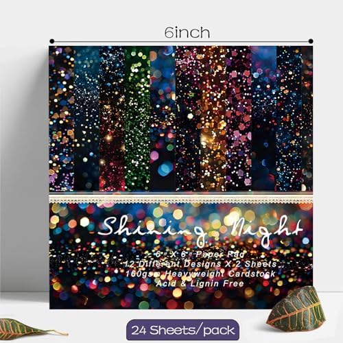 Neon Scrapbooking Paper Pad, 6 x 6 Inch Glitter Dust 160gsm Cardstock Paper, 24 Sheets Luxury Rainbow Sparkle Craft Paper for New Year Party, Holiday Cards DIY