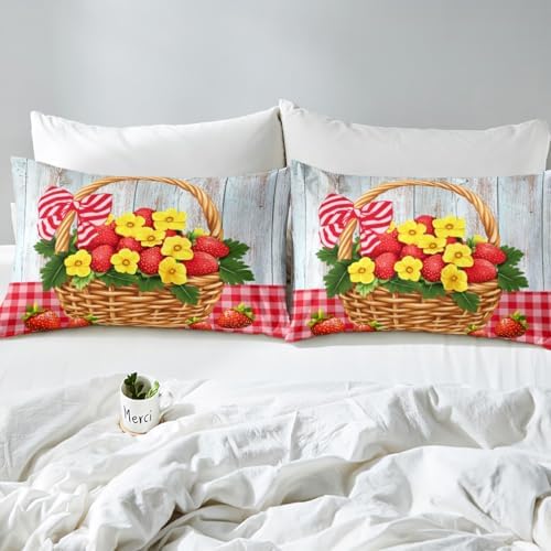 Red Strawberry Bed Sheet Set Full Size Rustic Style Fruits Floral Mattress Cover Modern Grid Plaid Sheets for Boys Girls Bedroom Red Gray Yellow with Flat,Fitted Sheet Pillowcase 4Pcs
