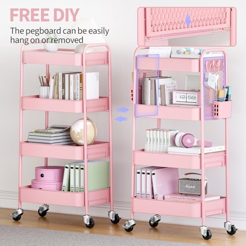 TOOLF 4 Tier Rolling Cart, Metal Utility Storage Cart with Pegboard, Pink | 2 Bins & 4 Hooks, Screwless Assembly, Lockable Wheels, Trolley Organizer for Bathroom, Kitchen, Office, Dorm, Craft Room