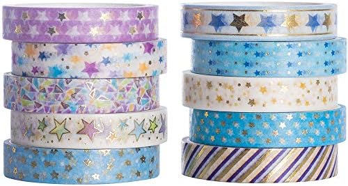 YUBBAEX 10 Rolls Sparkling Washi Tape Set 8mm Skinny Gold Foil Decorative Masking Washi Tapes for Bullet Journal,Scrapbook, Planner, DIY Crafts (Glittering Stars)