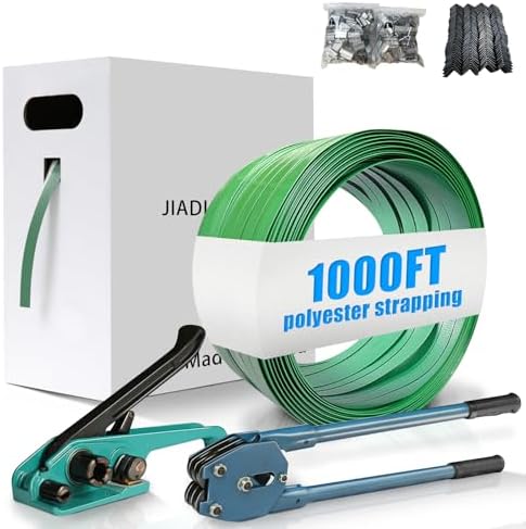 Heavy Duty Banding Strapping kit Contain 5/8"x 1000' Polyester (PET) Packaging Straps & 200 Metal Seals 100 Plastic Edge Protectors Tensioner with Cutter Sealer Tool