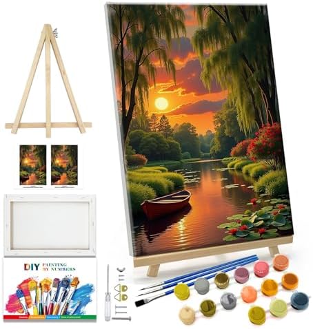 JOOZ Landscape Paint by Numbers Kit for Adults with Frame Sunset Paint by Number with Easel Boat Adult Paint by Number Kits Framed Canvas Boat Oil Painting Kits for Home Wall Decor 8x12 Inch