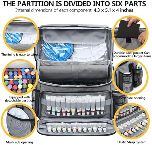 Acrylic Paint and Brush Set Organizer Bag - Carrying Case Compatible with Apple Barrel, Shuttle Art, Caliart Art Supplies - Includes Detachable Paint Brush Holder - for Home/Travel/Outdoor (Pro Gray)