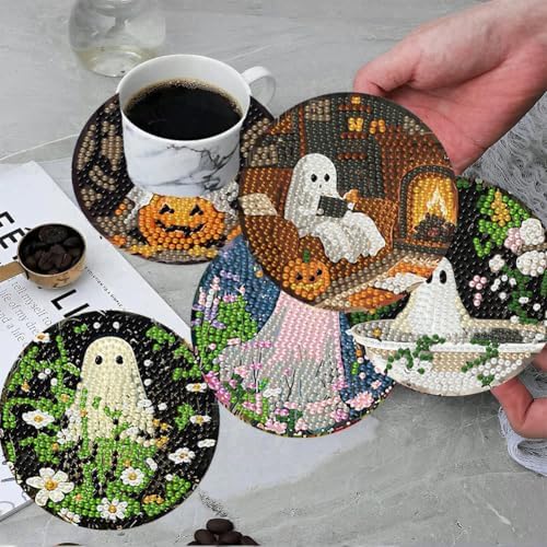 8 Pcs Halloween Diamond Art Coasters Kits for Adults (Cork Wooden Pad)
