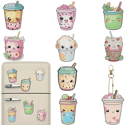 Bulerrylulu 9 Pcs Milk Tea Diamond Painting Magnets Kits Fridge Magnet Stickers Diamond Art Painting Keychains Gem Painting kit for Beginners Adults DIY Art Craft Gifts Home Decors