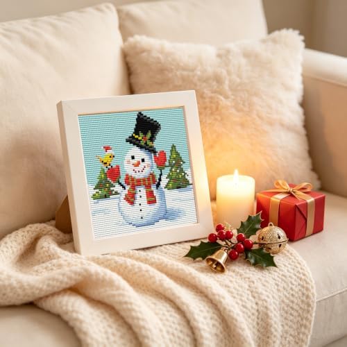 Christmas Snowman Stamped Cross Stitch Kits for Adults Beginners with Frame