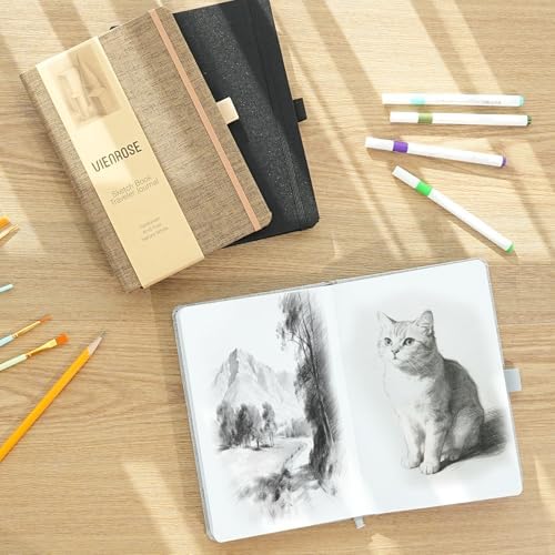 Vienrose 8.7"x5.7" Sketch Books, Linen Cover Sketching Book with Acid-Free Paper, 111lb/180gsm Drawing Pad for Kids, Beginners & Professionals, Art Supplies for Adults & Students(Black, 60 Sheets)