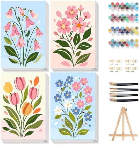 Gemozaic 4 Pack Paint by Numbers Kit for Adults with Frame, Easy Flowers