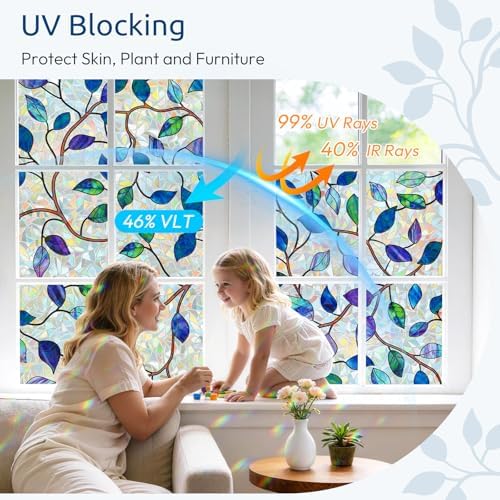 rabbitgoo Window Privacy Film Rainbow, Purple Blue Leaf, 23.6" x 157.4"