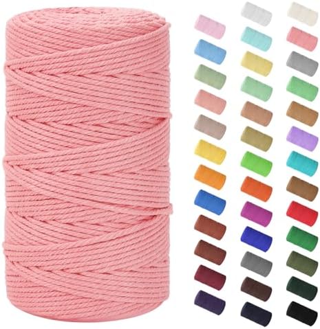 HOMEBOBO Macrame Cord 3mm x 220Yards (656Feet)Natural Cotton Macrame Rope - 4 Strands Twisted Macrame Cotton Cord for Wall HangingPlant HangersCraftsGift Wrapping and Wedding DecorationsDark Pink