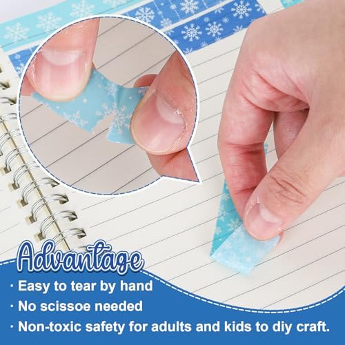Whaline 12 Rolls Winter Washi Tape Blue Snowflake Theme Washi Tape Masking Decorative Party Gift Warp Paper Tape for Christmas Winter Decor DIY Craft Scrapbook Party Favor Supplies