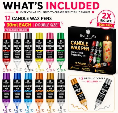BALTIC DAY Candle Wax Pen Set, 12 Colors, 30ml Each, Non-Toxic Candle Paint Pens with Precision Tip for Candle Decorating, DIY Candle Making, Writing, Painting, Crafts & Personalized Gifts