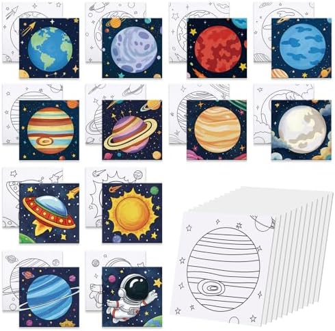 Anseal 12 Packs Pre Drawn Canvas to Paint, 4" X 4" Planet Pre-Printed Paint Party, Pre Stretched Canvas Outline Painting Boards for Paint Lovers, Party Favor