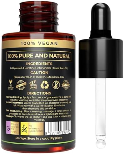 USDA Organic Grapeseed Oil - 100% Pure, Cold-Pressed, Non-GMO - Ideal Massage Oil, Face Oil, Hair Care, Skin Moisturizer - Best Grape Seed Oil for Skin & Hair - 1 Fl oz
