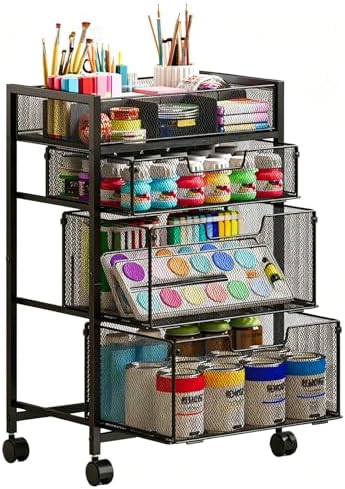 4-Tier Rolling Utility Cart with 3 Drawers, Craft Organizer and Storage with DIY Divider, Art-Craft Supplies with Caster Wheels, Multi-Functional Storage For Classroom, Office, Paints, Artifacts
