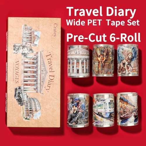 6-Roll Pre-Cut Travel Diary Wide PET Washi Tape Set - Transparent Scrapbooking Supplies, Journaling, and Crafting - Decorative Stickers, Planner Arts, and Collage