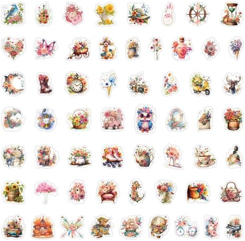 55PCs Beautiful Flowers Stickers Pack, Transparent Stickers for Hydro Flask, Laptop, Water Bottle, Aesthetic Vinyl Waterproof Decals for Toddlers, Teens, Gift & Party Favor Decals(Colourful-K2)