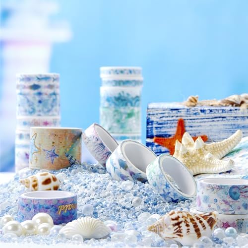 Marine Life Washi Tape Set 24 Rolls Gold Silver Foil Masking Underwater World Graphic Decorative Tapes for Arts, DIY Crafts, Journals, Planners, Scrapbook, Wrapping