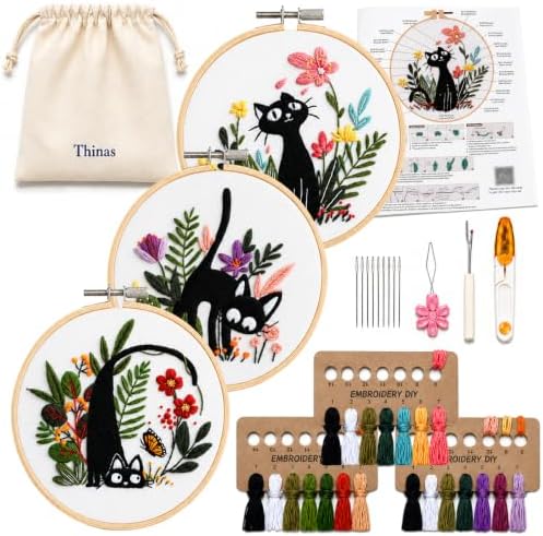 Thinas Embroidery Kit for Beginners Adults, 3 Pack Stamped Cat Cross Stitch Starter Set with Patterns & Video Tutorial, DIY Sewing Craft Supplies for Cat Lovers, Home Decor Gift Idea