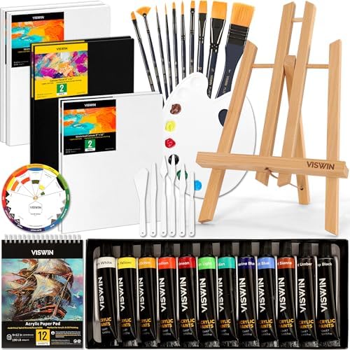 VISWIN 50 Pcs Acrylic Paint Set with Tabletop Easel, Painting Kit with 12 Acrylic Paints, Canvases, Brushes, Palette, Paper Pad, Art Supplies, Ideal Gift for Adults, Kids, Artists, Students