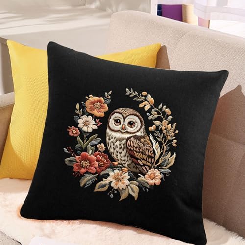 FONNUY Embroidery Kit for Beginners, Owl Flowers Pre-Stamped Pattern Kits for Adults with Hoop, Easy to Follow Color Thread Needlework, 8'' Hoop (Black)