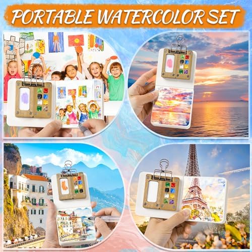 Mini Watercolor Paint set, Portable Watercolor Paint Travel Set, 12 Color Pocket Artist Watercolor Travel Kit with Picture Book, 8 Grids Portable Wooden Paint Palette for Painters, Artists, and Students