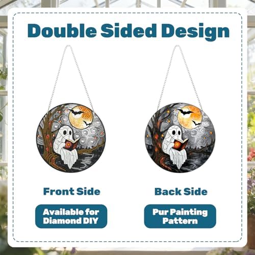 CRZMODE Halloween Diamond Art Hanging Kit for Adults, Ghost Read Book Pendant Diamonds Painting Art Kit, Special Crystal Diamond Art Painting Pendant Ornament, Craft Gift for Women Home Window Decor