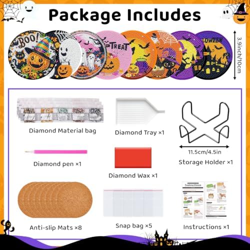Halloween Diamond Art Coaster Kit with Holder, 8PCS Spooky Diamond Painting
