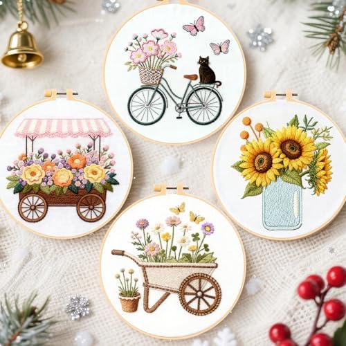 FREEBLOSS 4 Sets Embroidery Kit for Beginners Needlepoint Embroidery Starter Kit with Flower Theme Stamped Patterns, Instructions, Colored Threads, 2 Hoops 20cm/7.9inch