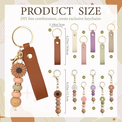 Starry 12/24PCS Daisy PU Leather Beadable Keychain Blanks Bulk Laser Engraving Blanks Keychain Kit Bag Purse Key Rings DIY