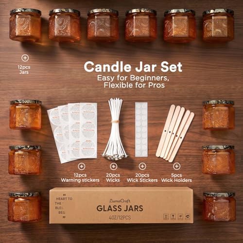 12 Pack 4oz Glass Candle Jars with Lids, Hexagon Embossed Candle Making Containers, Empty Candle Jars with 20 Wicks & Labels for DIY Candle Making, Party Favors, Home Decor