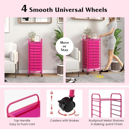 Storage Cart, Rolling Utility Cart with 10 Drawers, Portable Handles & Lockable Wheels, Mobile Paper Toys Storage Organizer Large Capacity for Home Office School Teacher (Hot Pink)