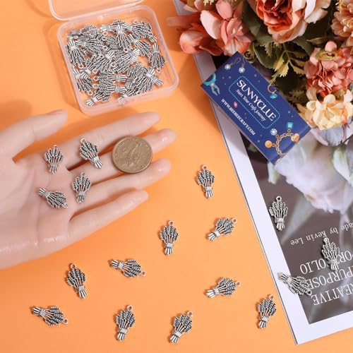 SUNNYCLUE 1 Box 50Pcs Thanksgiving Wheat Charm Fall Harvest Autumn Charms Bulk Tibetan Style Antique Silver Spike Flower Wheat Ears Pendants for Jewelry Making DIY Craft Supplies