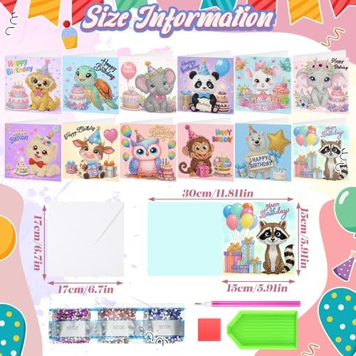 Saillong 12 Pack Happy Birthday Diamond Painting Greeting Card Kits DIY Animal Birthday Diamond Art Cards with Envelopes Cake 5D Rhinestones Painting Kits for Adults DIY Crafts Family Friend Gifts