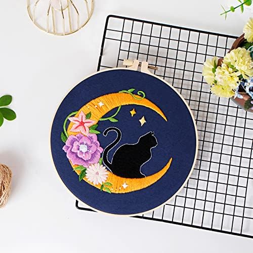 Louise Maelys Cat Moon Embroidery Kit for Beginners Floral DIY Craft Set