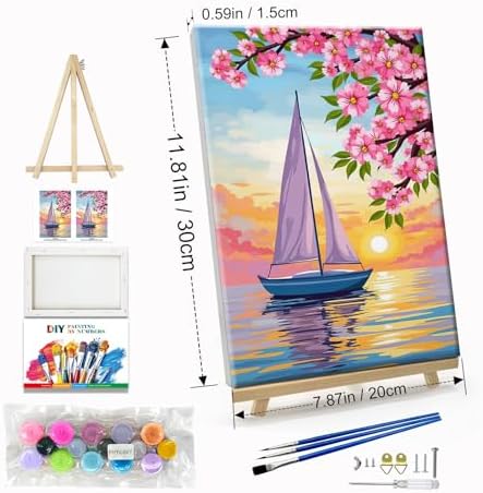 JOOZ Sailboat Paint by Numbers Kit for Adults with Frame Sunset Paint by Number with Easel Flowers Adult Paint by Number Kits Framed Canvas Oil Painting Kits for Home Wall Decor 8x12 Inch