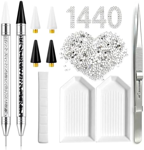 LIGHT RAIN Rhinestone Picker Tool - 2pcs Dual-head Bedazzling Pen with 4 Wax Tips, 8pcs Clay, Adjustable Precision Tweezers, 1400pcs Rhinestones and 2pcs Organizer Tray Kit for Nail Art