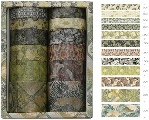 12 Rolls Kyoto Charm Washi Tape Set Japanese Arts Adhesive Tapes Geometric Garden Decorative Masking Tape Sets for Craft, Kids, Scrapbook, DIY, Gift Wrapping (Green Song)