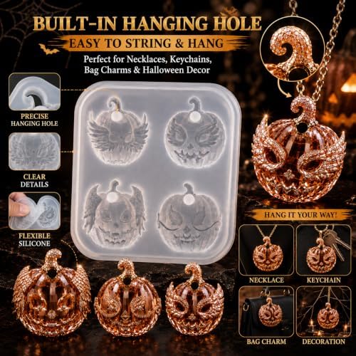 Gothic Wing Jack O Lantern Silicone Resin Mold with Pre-Made Hanging Hole, 4 Cavity Faceted Pumpkin Pendant Epoxy Mold, DIY Jewelry Charm Casting Supplies for Halloween & Christmas Crafts (NG01)