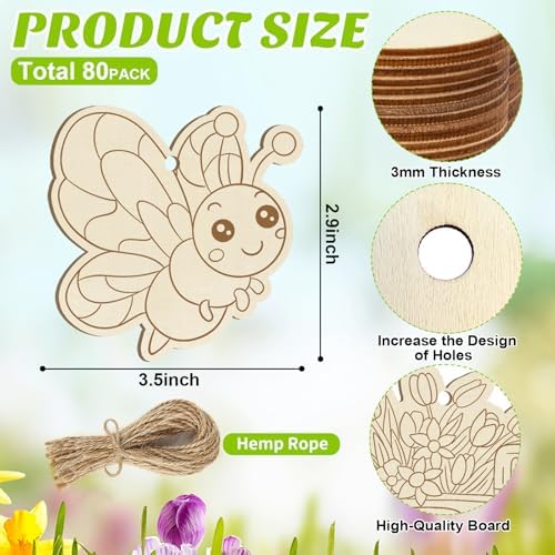 80PCS Wooden Spring Ornaments to Paint, 10 Styles DIY Blank Unfinished Wood Flower Cutouts Butterfly Ornament for Crafts Hanging Decorations, Cute Bee Flower Shape Home Decorations Gifts