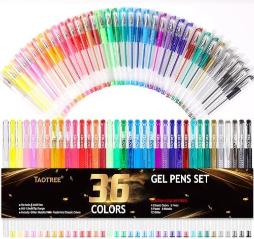 Taotree Gel Pens for Coloring Books, 36 Colors Glitter Pens, 40% More Ink