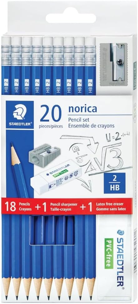 STAEDTLER Norica #2 HB Wood-Cased Pencil Set, 12 Pack, 216 Graphite Pencils | Pre-Sharpened, 12 sharpeners, 12 erasers, Break-Resistant Lead