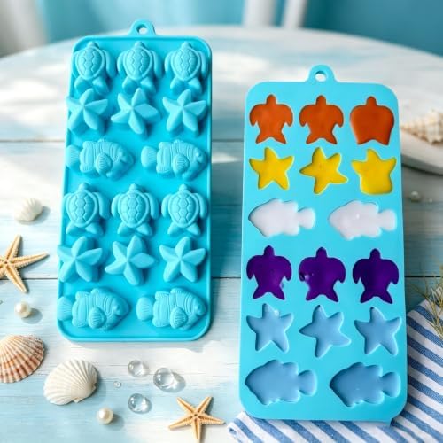 2Pack Ocean Sea Animal Silicone Mold, Sea Turtle Starfish Fish Chocolate Candy Fondant Mold, Beach Silicone Mould for Cake Decoration, DIY Soap, Resin Craft, Ocean Mermaid Theme Party