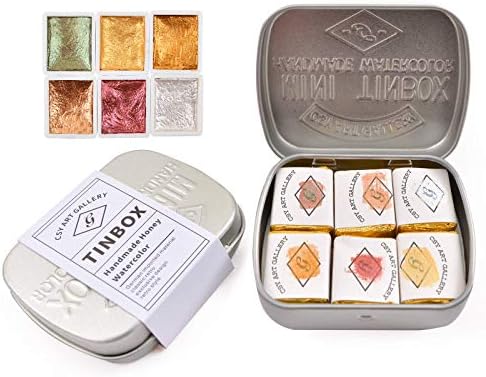Csy Art Supplies Handmade Watercolors Paint Set - 6 Metallic Gold Colors Half Pans Glitter Solid Water Color- Metal Case Sparkle Pearlescent Watercolour For Artists, Students & Hobbyists