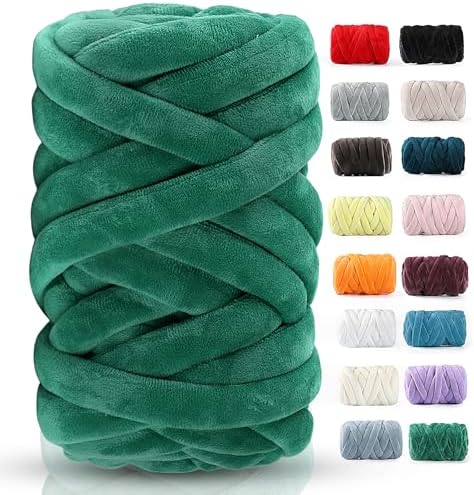 Chunky Yarn for Hand Knitting- Velvet Chenille Tube Yarns- Jumbo Yarns for Blankets, Pet Beds, Machine Washable (0.66 Lb/18.59 Yd), Easy No-Tool Arm Knitting & Crochet Project Yarn (Olive Green)