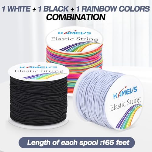 Elastic String, 3 Rolls 495 Feet, 1mm Sturdy Stretchy Cord, Elastic String for Bracelets, Beading, Necklaces, Jewelry Making (White, Black, and Rainbow)