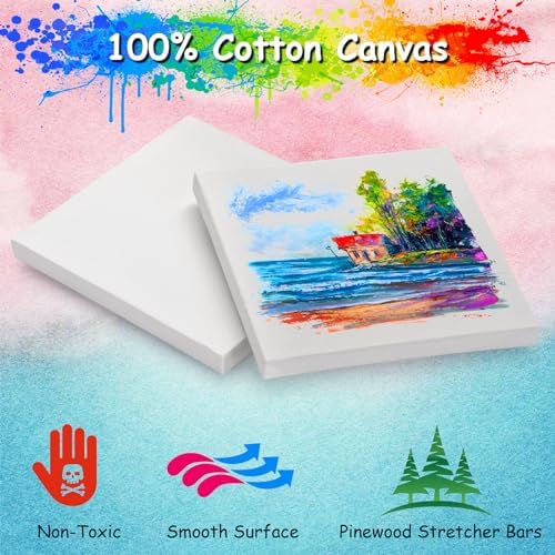 10PCS Mini Canvases for Painting – 5 x 5 in Bulk Small Square Stretched Canvases, 2/5 in Thick Blank Canvas for Students, Art Supplies, School & Home Crafts