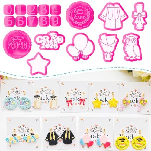 Graduation Polymer Clay Cutters & Stamps Set - 19pcs 0-9 Numbers, GARD/2026 Seals, Owl, Cap, Gown, Balloon for DIY Earring Jewelry, Soft Clay Crafts & Class Party Supplies